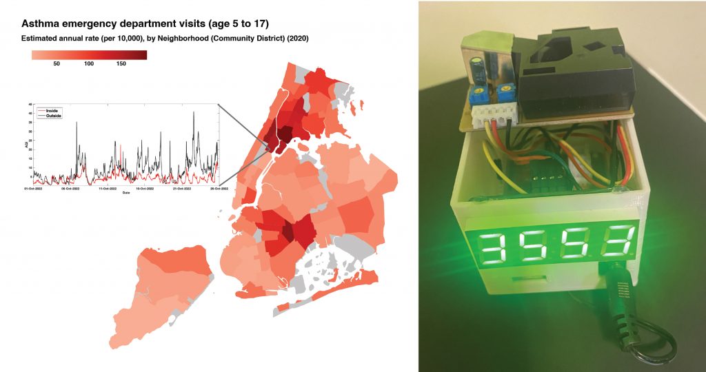 Left: Map of NYC neighborhoods showing asthma-related emergency room visits by children, along with a chart showing air quality data collected by a FRESH Air site in one of those neighborhoods. Right: One of the sensors distributed among schools and community centers as part of FRESH Air. Credit: Stephen Holler